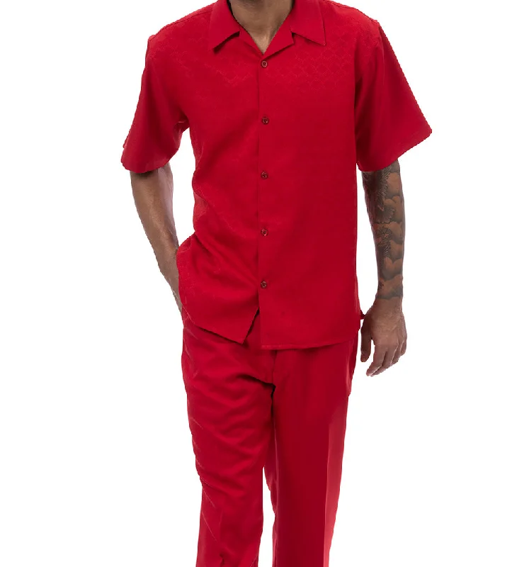 Red Tone-on-tone Walking Suit 2 Piece Short Sleeve Set