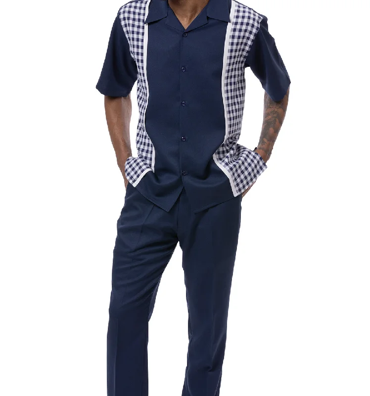 Navy Checker Plaid Walking Suit 2 Piece Short Sleeve Set