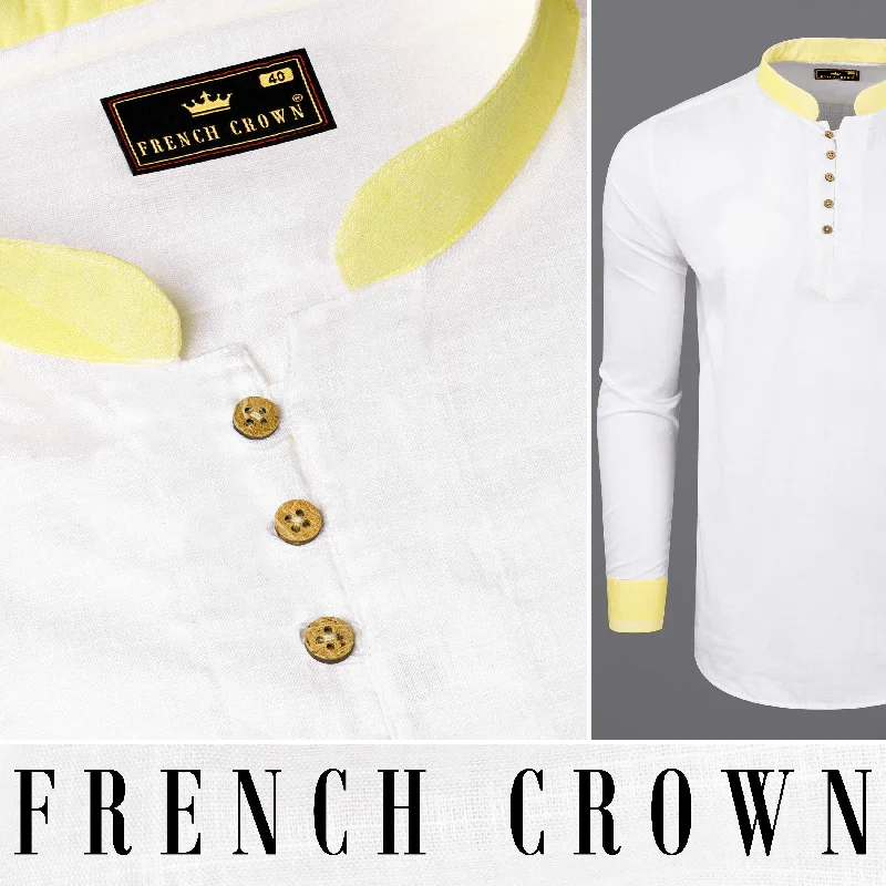 Bright White with yellow cuff collar Luxurious Linen Kurta Shirt