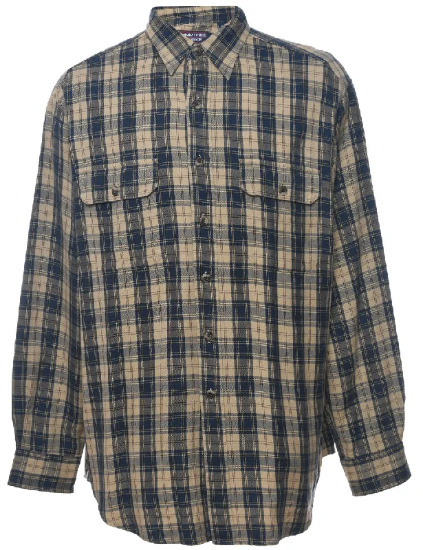 Long Sleeved Beige & Navy Checked Shirt - L