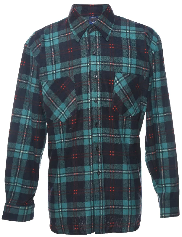 Long Sleeved Navy & Green Flannel Checked Shirt - L